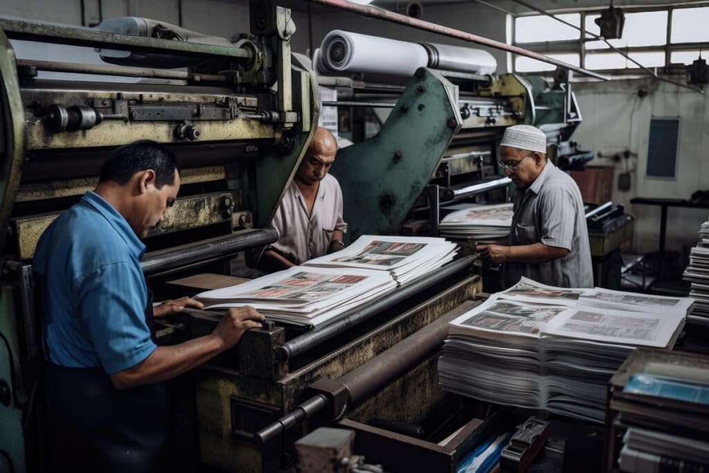 Industrial workers in a printing press printing and binding book